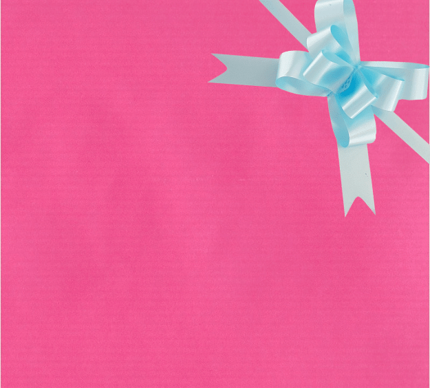 image of a square of pink wrapping paper, the paper is a solid fuchsia kraft paper, in the centre of the gift wrap paper is a green paper gift wrapping bow