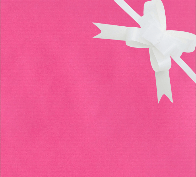 image of a square of pink wrapping paper, the paper is a solid fuchsia kraft paper, in the corner of the gift wrap paper is a bright blue gift wrapping bow