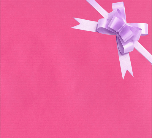 image of a square of pink wrapping paper, the paper is a solid fuchsia kraft paper, in the corner of the gift wrap paper is a red gift wrapping bow