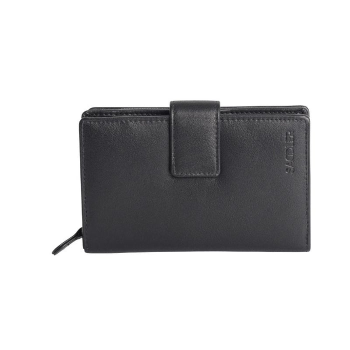 Saddler "Georgie" Medium Rfid Bifold Purse Wallet with Zipper Coin Purse in Black. This popular compact purse made from luxurious leather accommodates up to 13 credit cards and provides a roomy 2 section zipper purse to the centre for coins and small keys. It also features a large window section for ID or pass card with inner extension wing for extra card storage and secure tab closure. Approximate Size: 14 x 9 x 4cm when closed. 12 month warranty for normal use. 