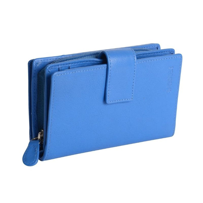 Saddler "Georgie" Medium Rfid Bifold Purse Wallet with Zipper Coin Purse in Light Blue. This popular compact purse made from luxurious leather accommodates up to 13 credit cards and provides a roomy 2 section zipper purse to the centre for coins and small keys. It also features a large window section for ID or pass card with inner extension wing for extra card storage and secure tab closure. Approximate Size: 14 x 9 x 4cm when closed. 12 month warranty for normal use. 