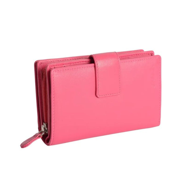 Saddler "Georgie" Medium Rfid Bifold Purse Wallet with Zipper Coin Purse in Fuchsia. This popular compact purse made from luxurious leather accommodates up to 13 credit cards and provides a roomy 2 section zipper purse to the centre for coins and small keys. It also features a large window section for ID or pass card with inner extension wing for extra card storage and secure tab closure. Approximate Size: 14 x 9 x 4cm when closed. 12 month warranty for normal use. 