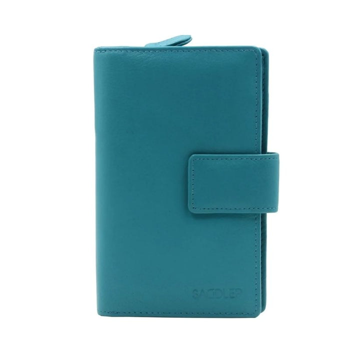 Saddler "Georgie" Medium Rfid Bifold Purse Wallet with Zipper Coin Purse in Teal This popular compact purse made from luxurious leather accommodates up to 13 credit cards and provides a roomy 2 section zipper purse to the centre for coins and small keys. It also features a large window section for ID or pass card with inner extension wing for extra card storage and secure tab closure. Approximate Size: 14 x 9 x 4cm when closed. 12 month warranty for normal use. 