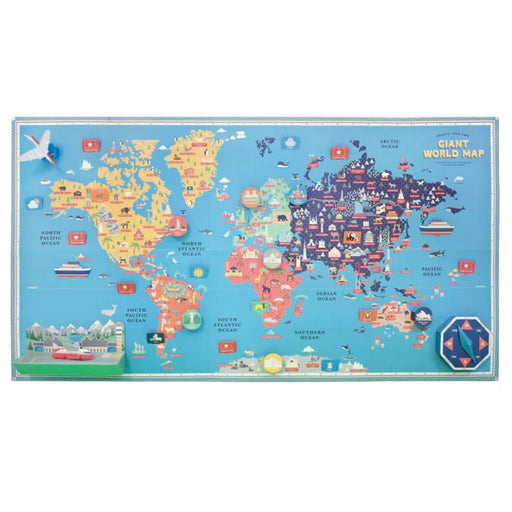 Explore the globe with this giant interactive map of the world with a 3D compass, airplanes, and ships. Learn all about the wonderful world we live in with the fun-packed activity sheets. Use the explorer flags and match landmarks and animals to their correct countries. No glue or scissors needed. Contents: 1 x map, 34 x card pieces & 1 x instruction/activity sheet. Made from FSC certified recycled paper and card. Age 5+. Map size: 115 x 63cm.