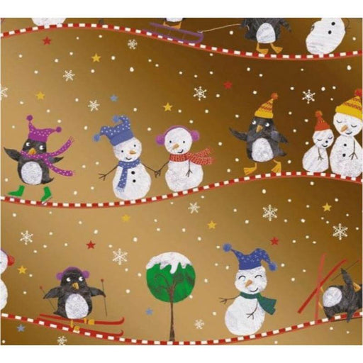 image of a square of wrapping paper, the paper has a gold background with child friendly illustrations of christams characters like snow men, snow woemn and penguins on it, there are also lots of coloured stars, snow covered trees and white snowflakes to complete the scene