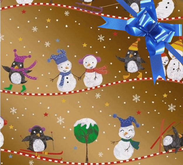 image of a square of wrapping paper, the paper has a gold background with child friendly illustrations of christams characters like snow men, snow woemn and penguins on it, there are also lots of coloured stars, snow covered trees and white snowflakes to complete the scene, in the corner of the gift wrap paper is a bright blue gift wrapping bow