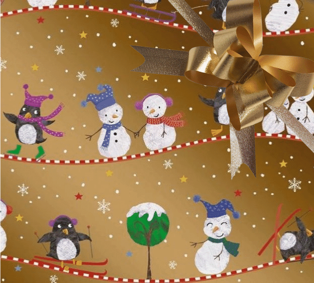 image of a square of wrapping paper, the paper has a gold background with child friendly illustrations of christams characters like snow men, snow woemn and penguins on it, there are also lots of coloured stars, snow covered trees and white snowflakes to complete the scene, in the corner of the gift wrap paper is a silver gift wrapping bow