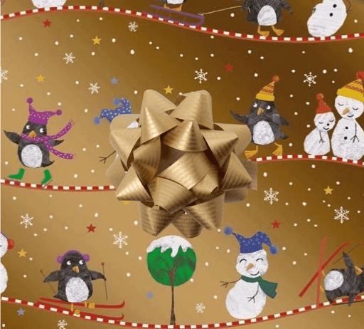 image of a square of wrapping paper, the paper has a gold background with child friendly illustrations of christams characters like snow men, snow woemn and penguins on it, there are also lots of coloured stars, snow covered trees and white snowflakes to complete the scene, in the corner of the gift wrap paper is a red gift wrapping bow