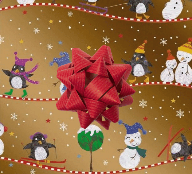 image of a square of wrapping paper, the paper has a gold background with child friendly illustrations of christams characters like snow men, snow woemn and penguins on it, there are also lots of coloured stars, snow covered trees and white snowflakes to complete the scene, in the centre of the gift wrap paper is a silver paper gift wrapping bow