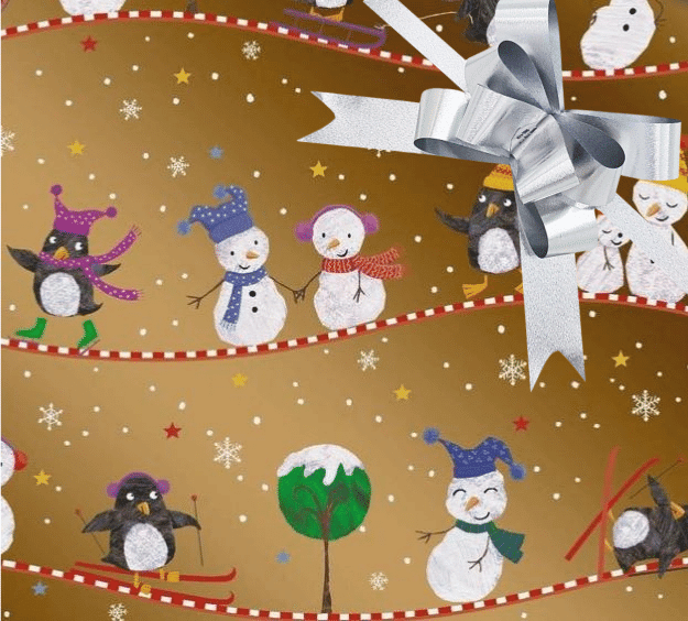 image of a square of wrapping paper, the paper has a gold background with child friendly illustrations of christams characters like snow men, snow woemn and penguins on it, there are also lots of coloured stars, snow covered trees and white snowflakes to complete the scene, in the centre of the gift wrap paper is a red paper gift wrapping bow