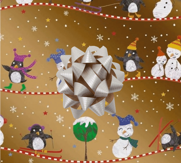 image of a square of wrapping paper, the paper has a gold background with child friendly illustrations of christams characters like snow men, snow woemn and penguins on it, there are also lots of coloured stars, snow covered trees and white snowflakes to complete the scene, in the centre of the gift wrap paper is a gold paper gift wrapping bow