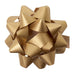 image of a square of wrapping paper, the paper has a gold background with the words merry christmas on it and lots of colouful illustrations of traditional christmas items such as presents, crackers and tree decorations., in the centre of the gift wrap paper is a gold paper gift wrapping bow