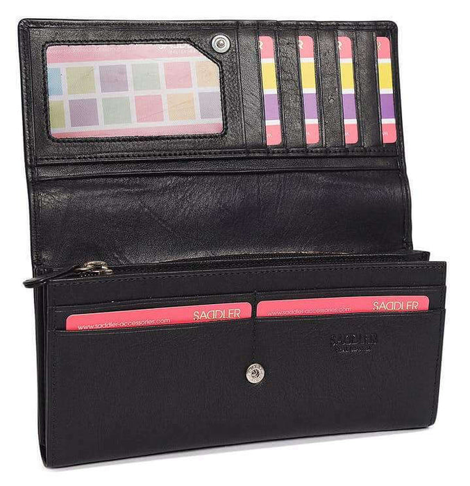 Image of a saddler grace large leather multi section rfid credit card clutch purse in Black. It is made from leather