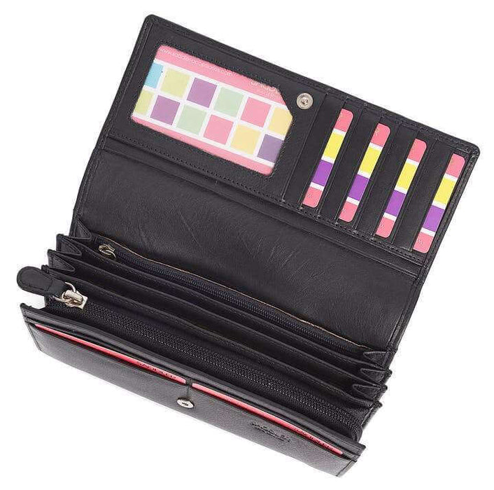 Image of a saddler grace large leather multi section rfid credit card clutch purse in Black. It is made from leather