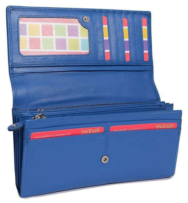 Image of a saddler grace large leather multi section rfid credit card clutch purse in Blue. It is made from leather