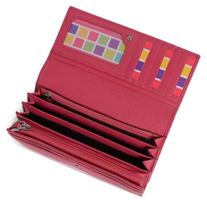 Image of a saddler grace large leather multi section rfid credit card clutch purse in fuschia. It is made from leather