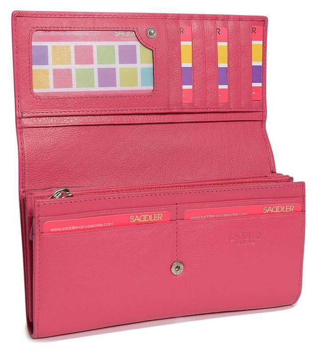 Image of a saddler grace large leather multi section rfid credit card clutch purse in fuschia. It is made from leather