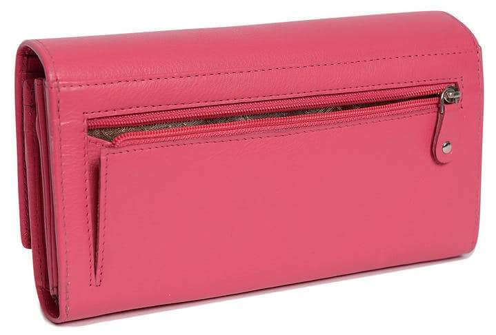 Image of a saddler grace large leather multi section rfid credit card clutch purse in fuschia. It is made from leather