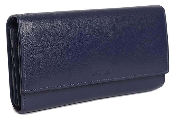 Saddler "Grace" Women's Large Luxurious Leather Multi Section Rfid Credit Card Clutch Purse in Navy Blue. This large flapover organiser purse looks great and is extremely practical as well. Capable of holding 7 Credit Cards and featuring multiple slip-in and zipper coin purse pockets and large ID and Photo window. With Rfid protection built in and presented in its own gift box. Approximate Size: 19.0 x 11.0 x 5.5cm when closed. 12 month warranty for normal use.