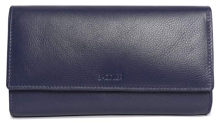 Image of a saddler grace large leather multi section rfid credit card clutch purse in navy blue. It is made from leather