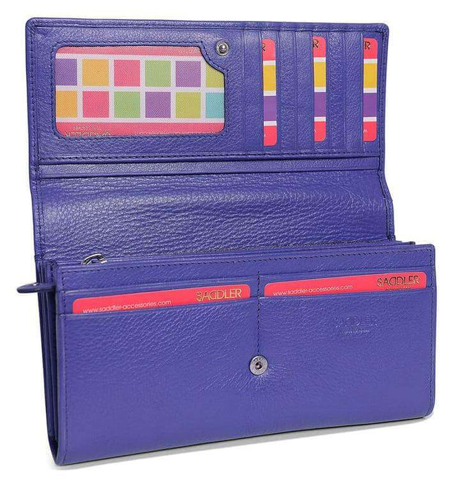 Image of a saddler grace large leather multi section rfid credit card clutch purse in purple. It is made from leather