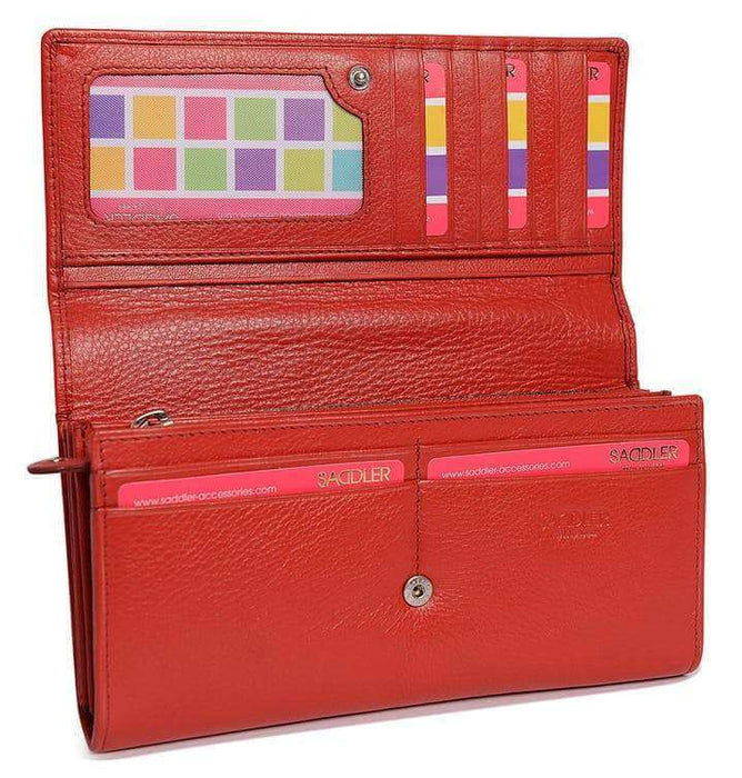 Image of a saddler grace large leather multi section rfid credit card clutch purse in red. It is made from leather