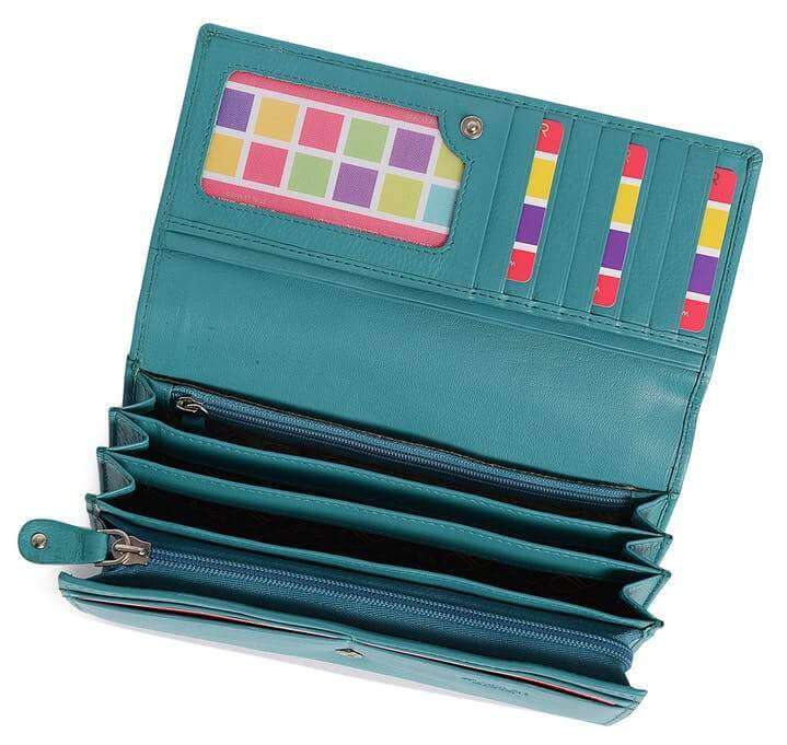 Image of a saddler grace large leather multi section rfid credit card clutch purse in teal. It is made from leather