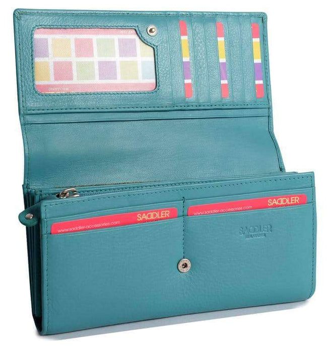 Image of a saddler grace large leather multi section rfid credit card clutch purse in teal. It is made from leather