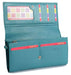 Image of a saddler grace large leather multi section rfid credit card clutch purse in teal. It is made from leather