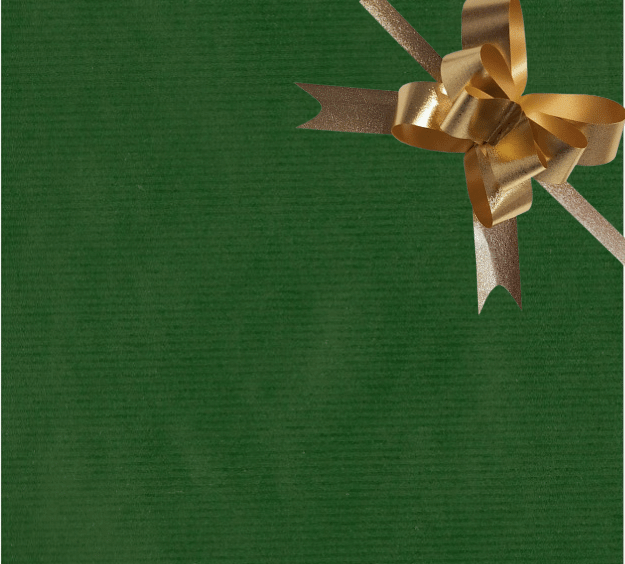 image of a square of wrapping paper, the paper is a solid dark green kraft paper, in the corner of the gift wrap paper is a lilac gift wrapping bow