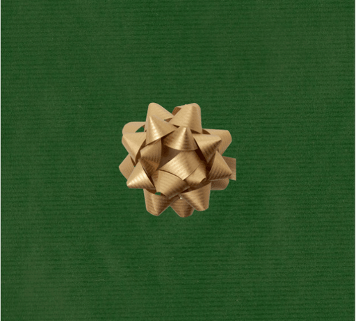 image of a square of wrapping paper, the paper is a solid dark green kraft paper, in the corner of the gift wrap paper is a red gift wrapping bow