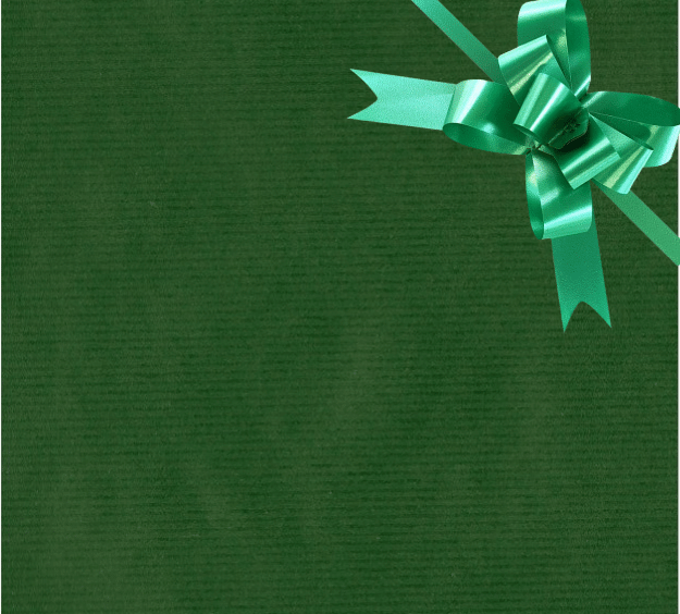 image of a square of wrapping paper, the paper is a solid dark green kraft paper, in the corner of the gift wrap paper is a green gift wrapping bow