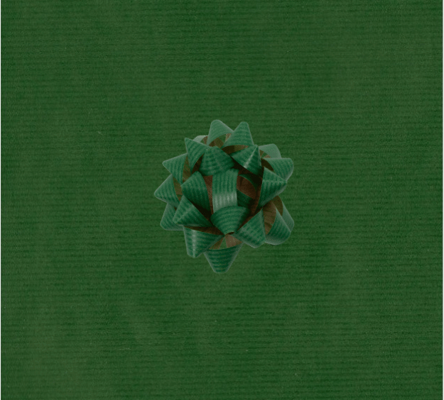 image of a square of wrapping paper, the paper is a solid dark green kraft paper, in the corner of the gift wrap paper is a gold gift wrapping bow