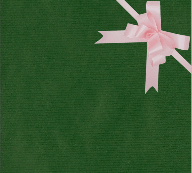 image of a square of wrapping paper, the paper is a solid dark green kraft paper, in the centre of the gift wrap paper is a red paper gift wrapping bow