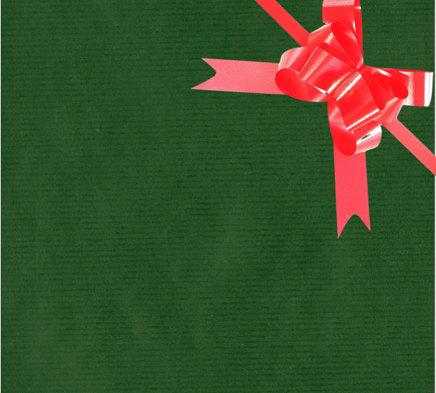 image of a square of wrapping paper, the paper is a solid dark green kraft paper, in the centre of the gift wrap paper is a gold paper gift wrapping bow
