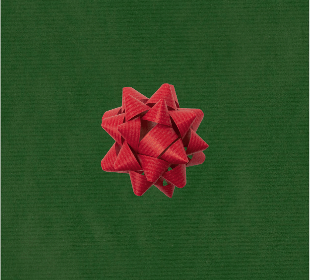 image of a square of wrapping paper, the paper is a solid dark green kraft paper, in the corner of the gift wrap paper is a silver gift wrapping bow