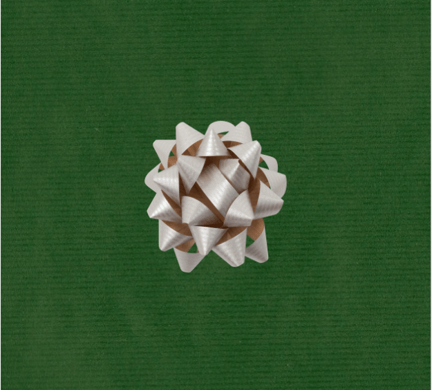 image of a square of wrapping paper, the paper is a solid dark green kraft paper, in the corner of the gift wrap paper is a bright blue gift wrapping bow
