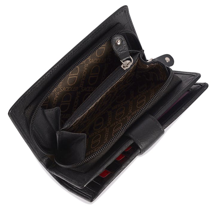 Image of a saddler holy leather bifold rfid wallet clutch zipper purse in Black. It is made from leather