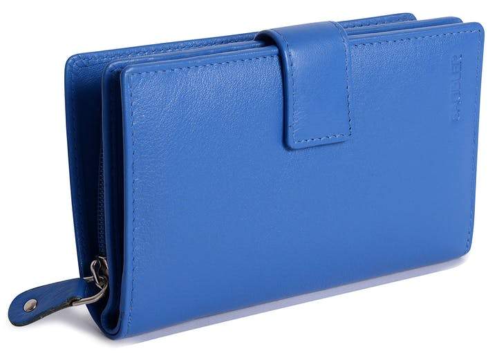 Saddler "Holly" Women's Luxurious Leather Bifold Rfid Wallet Clutch Zipper Purse in Light Blue.  Functional, handy mid-size Purse with capacity for 8 credit cards, notes and 2 windows for ID or Pass cards and large zip purse to the rear, with Rfid protection built in and presented in its own gift box. Approximate Size: 15.0 x 9.0 x 4.0cm when closed. 12 month warranty for normal use.