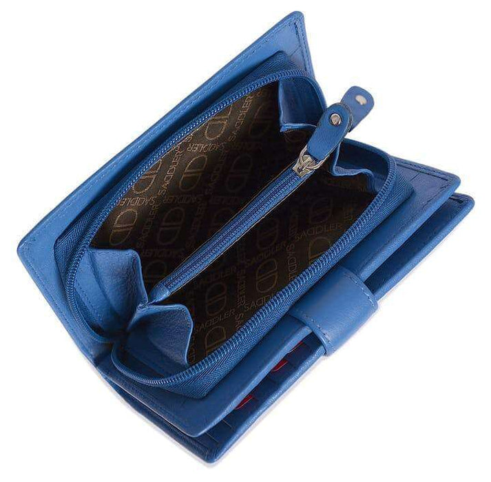 Image of a saddler holy leather bifold rfid wallet clutch zipper purse in Blue. It is made from leather