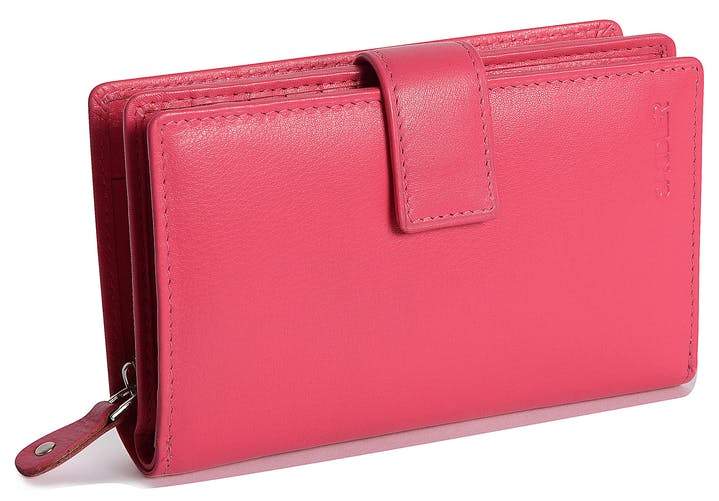 Saddler "Holly" Women's Luxurious Leather Bifold Rfid Wallet Clutch Zipper Purse in Fuchsia.  Functional, handy mid-size Purse with capacity for 8 credit cards, notes and 2 windows for ID or Pass cards and large zip purse to the rear, with Rfid protection built in and presented in its own gift box. Approximate Size: 15.0 x 9.0 x 4.0cm when closed. 12 month warranty for normal use.