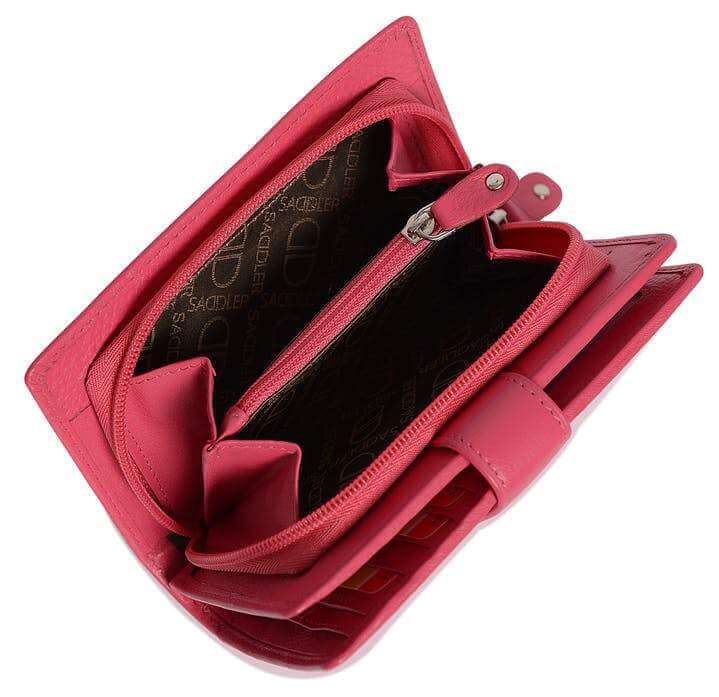 Image of a saddler holy leather bifold rfid wallet clutch zipper purse in fuschia. It is made from leather