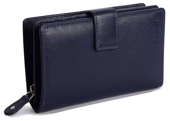 Saddler "Holly" Women's Luxurious Leather Bifold Rfid Wallet Clutch Zipper Purse in Navy Blue.  Functional, handy mid-size Purse with capacity for 8 credit cards, notes and 2 windows for ID or Pass cards and large zip purse to the rear, with Rfid protection built in and presented in its own gift box. Approximate Size: 15.0 x 9.0 x 4.0cm when closed. 12 month warranty for normal use.