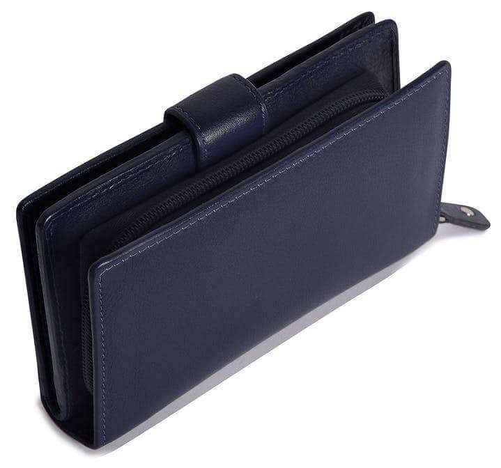 Image of a saddler holy leather bifold rfid wallet clutch zipper purse in navy blue. It is made from leather