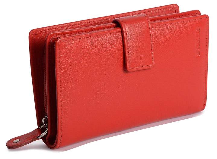 Saddler "Holly" Women's Luxurious Leather Bifold Rfid Wallet Clutch Zipper Purse in Red. Functional, handy mid-size Purse with capacity for 8 credit cards, notes and 2 windows for ID or Pass cards and large zip purse to the rear, with Rfid protection built in and presented in its own gift box. Approximate Size: 15.0 x 9.0 x 4.0cm when closed. 12 month warranty for normal use.