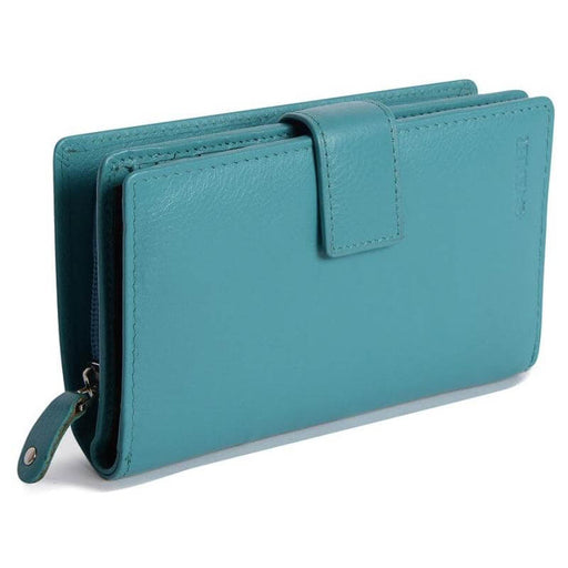 Saddler "Holly" Women's Luxurious Leather Bifold Rfid Wallet Clutch Zipper Purse in Teal.  Functional, handy mid-size Purse with capacity for 8 credit cards, notes and 2 windows for ID or Pass cards and large zip purse to the rear, with Rfid protection built in and presented in its own gift box. Approximate Size: 15.0 x 9.0 x 4.0cm when closed. 12 month warranty for normal use.