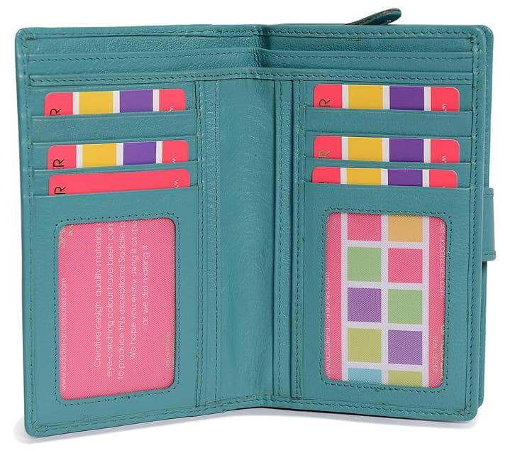 Image of a saddler holy leather bifold rfid wallet clutch zipper purse in teal. It is made from leather