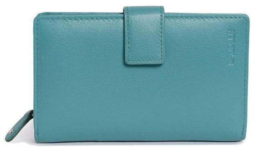 Image of a saddler holy leather bifold rfid wallet clutch zipper purse in teal. It is made from leather