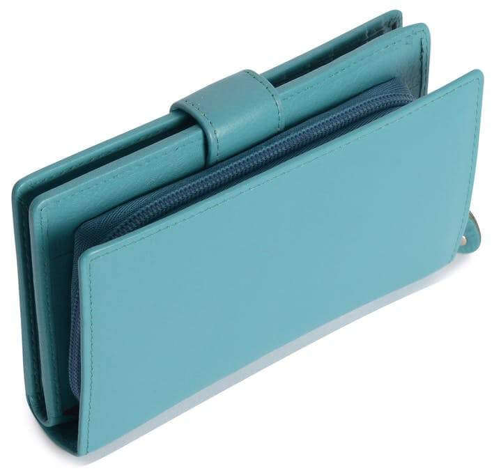 Image of a saddler holy leather bifold rfid wallet clutch zipper purse in teal. It is made from leather