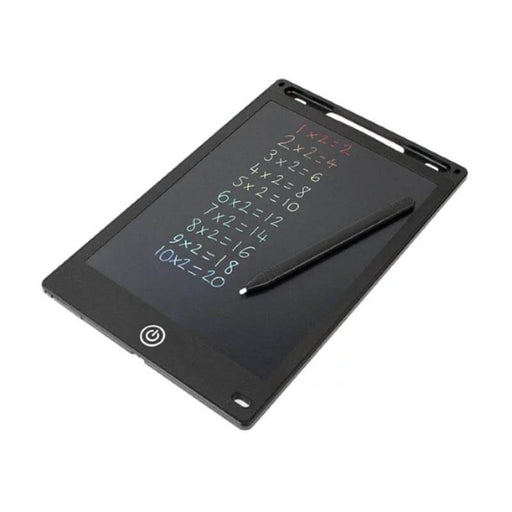image of an infinity pad colour, which shows a black tablet like pad with lcd screen covoured in multicoloured hand written sums. next to the infinity pad is a stylus.